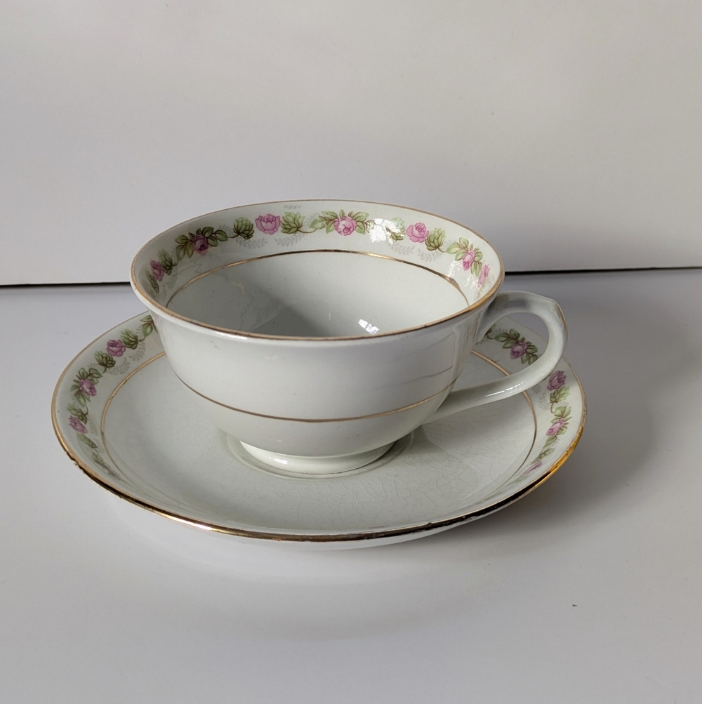 Antique Teacup Imperial Porcelain Wedgwood England Pink Rosettes Cup & Saucer